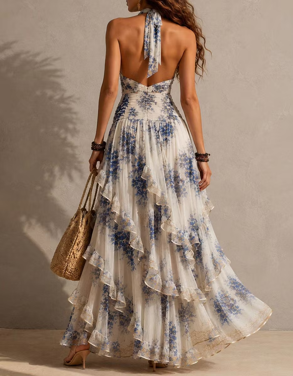 Greyish Blue Floral Print Halter Open Back Tiered Chiffon Maxi Dress