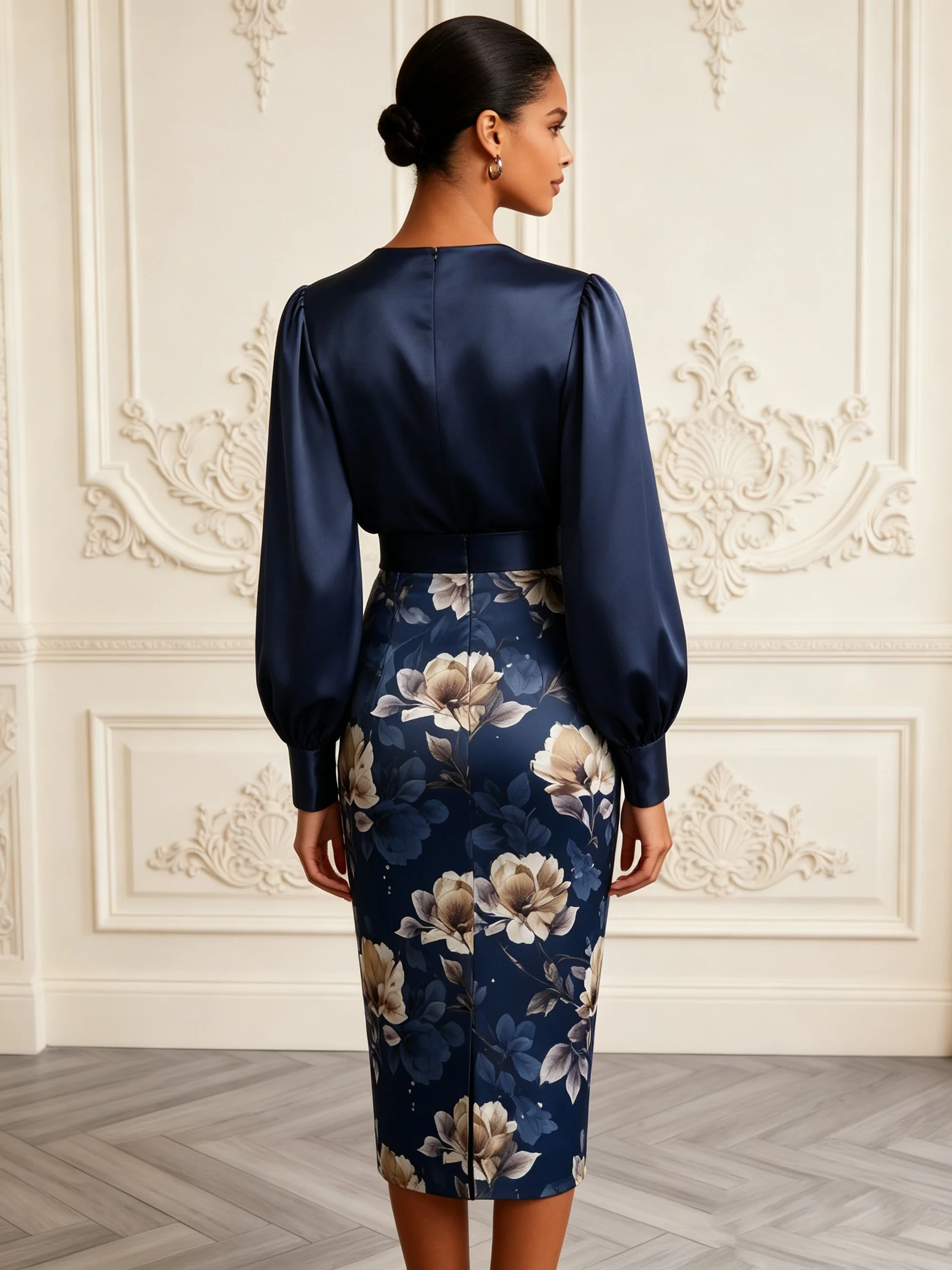 Navy Blue Floral Satin V Neck Long Sleeve Balloon Sleeve Sheath Midi Dress