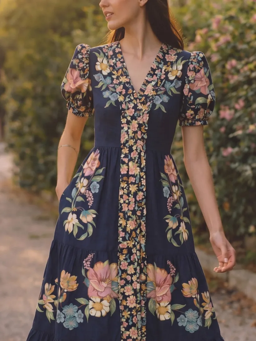 Maxi Linen Dress, Short Sleeves, V Neck, Floral, Pocket Design, Vacation, Vintage, Purplish Blue