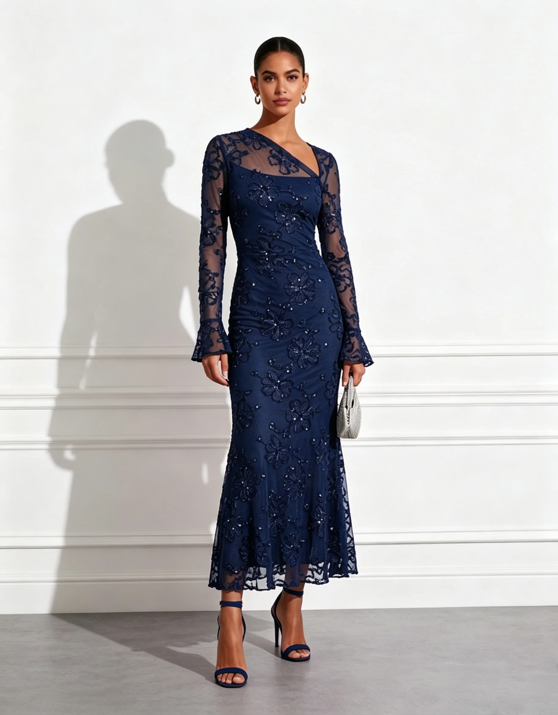 Navy Blue Jacquard Classic Asymmetrical Long Sleeve Bell Sleeve Mermaid Midi Dress