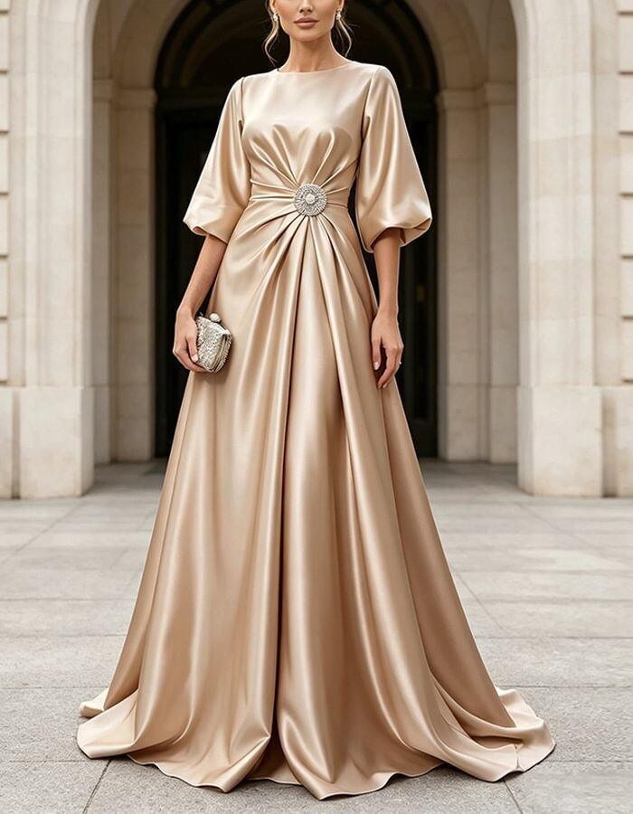 Champagne Satin Long Round Neck Maxi Dress