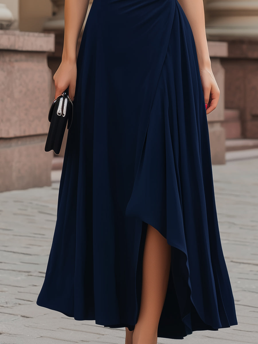 Navy Sleeveless Square Neck Ruched Asymmetric Midi Dress With Side Slit