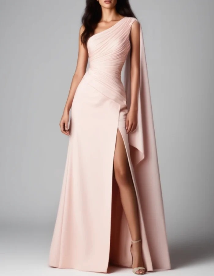 Pink Satin One-Shoulder Shawl Maxi Dress