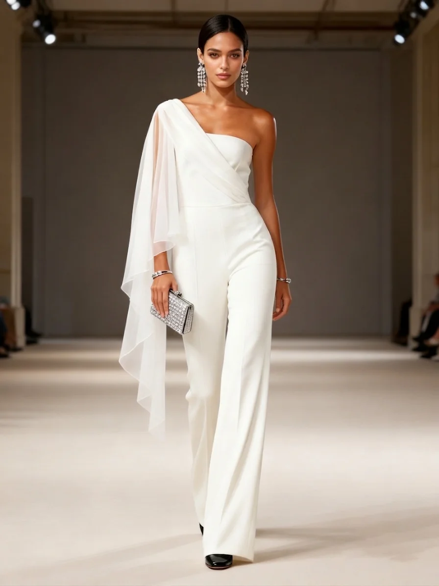 Women White Split Joint One Shoulder Sleeveless Dressy Jumpsuit