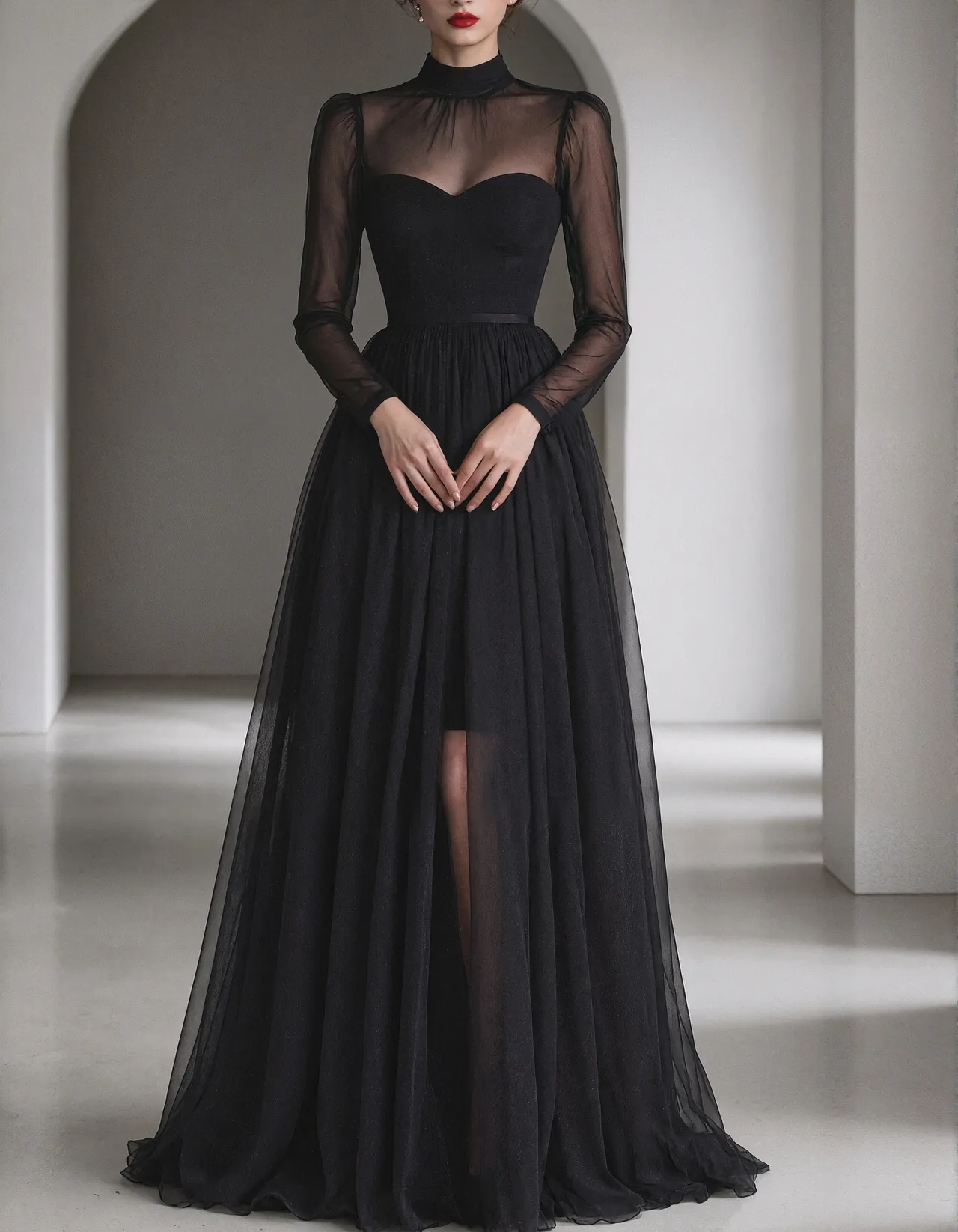 Black Sheer Tulle A-line Maxi Dress