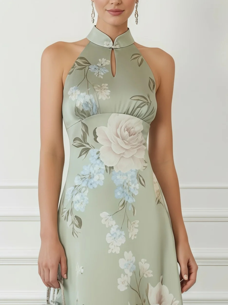 Lightgreen Floral Satin Mock Neck Sleeveless A-Line Maxi Dress