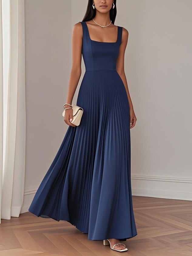 Light Blue Pleated Square Neck Sleeveless A-Line Maxi Dress