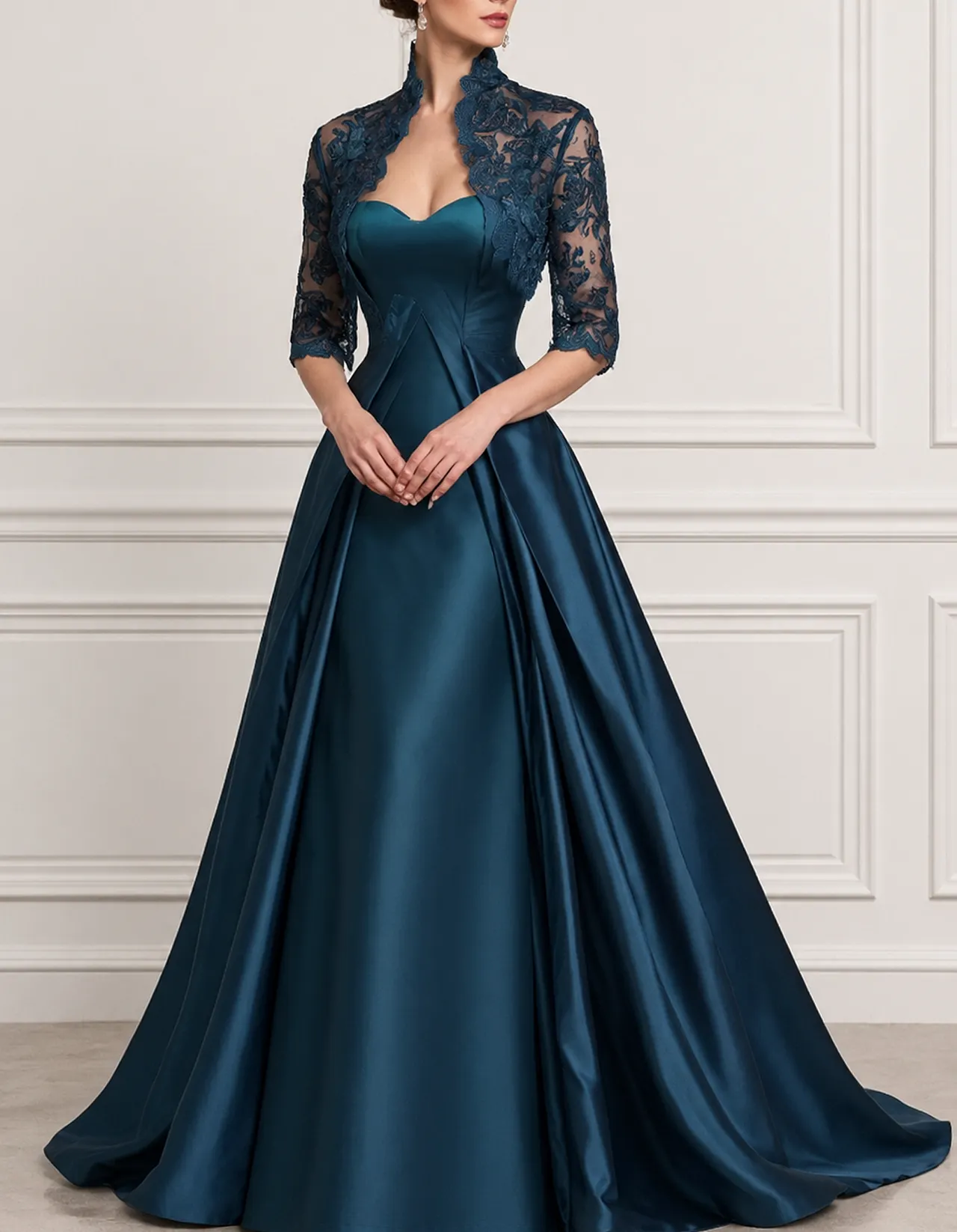 Lace Satin Sweetheart A-Line Evening Gown Maxi Dress