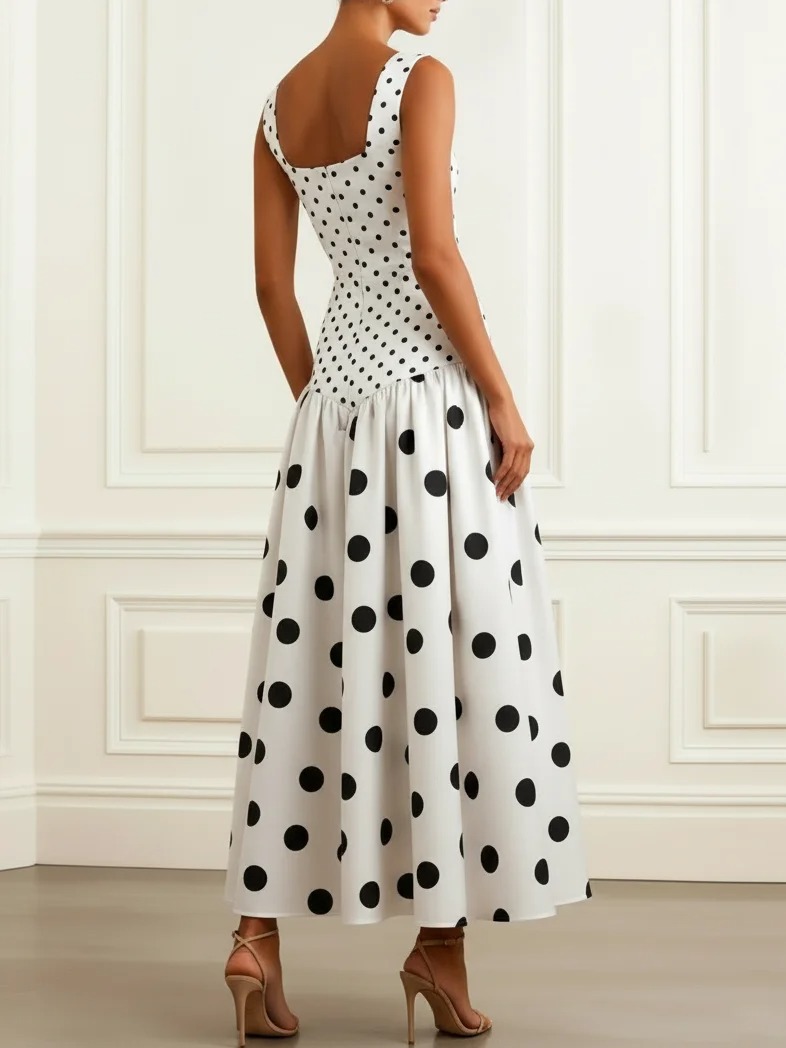 White Polka Dots Satin Square Neck Sleeveless A-Line Maxi Dress