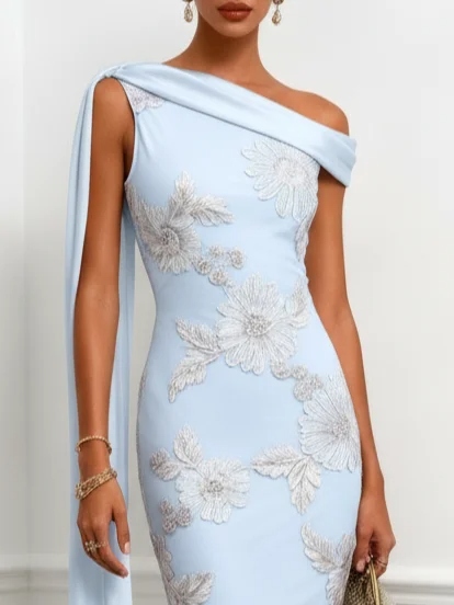 Light Blue 3D Floral Classic One Shoulder Short Sleeve Mermaid Floor-length Gown Dress