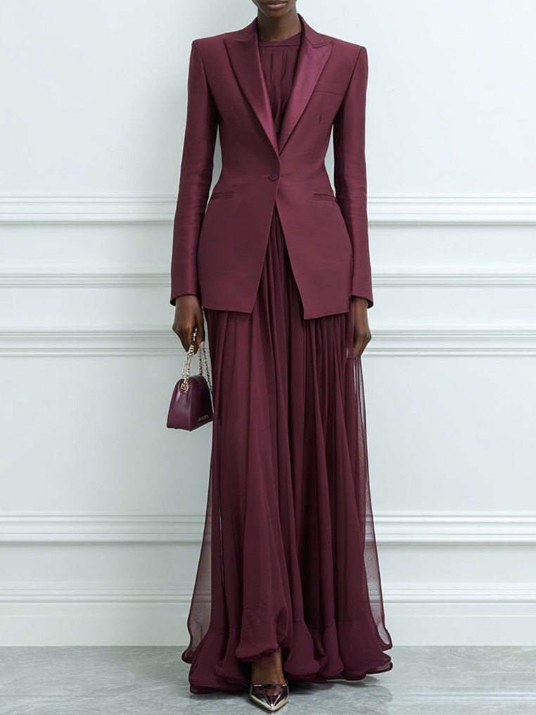 Women Wine Red Shawl Collar Long Sleeve Dressy Dress With Coat Two-Piece Set