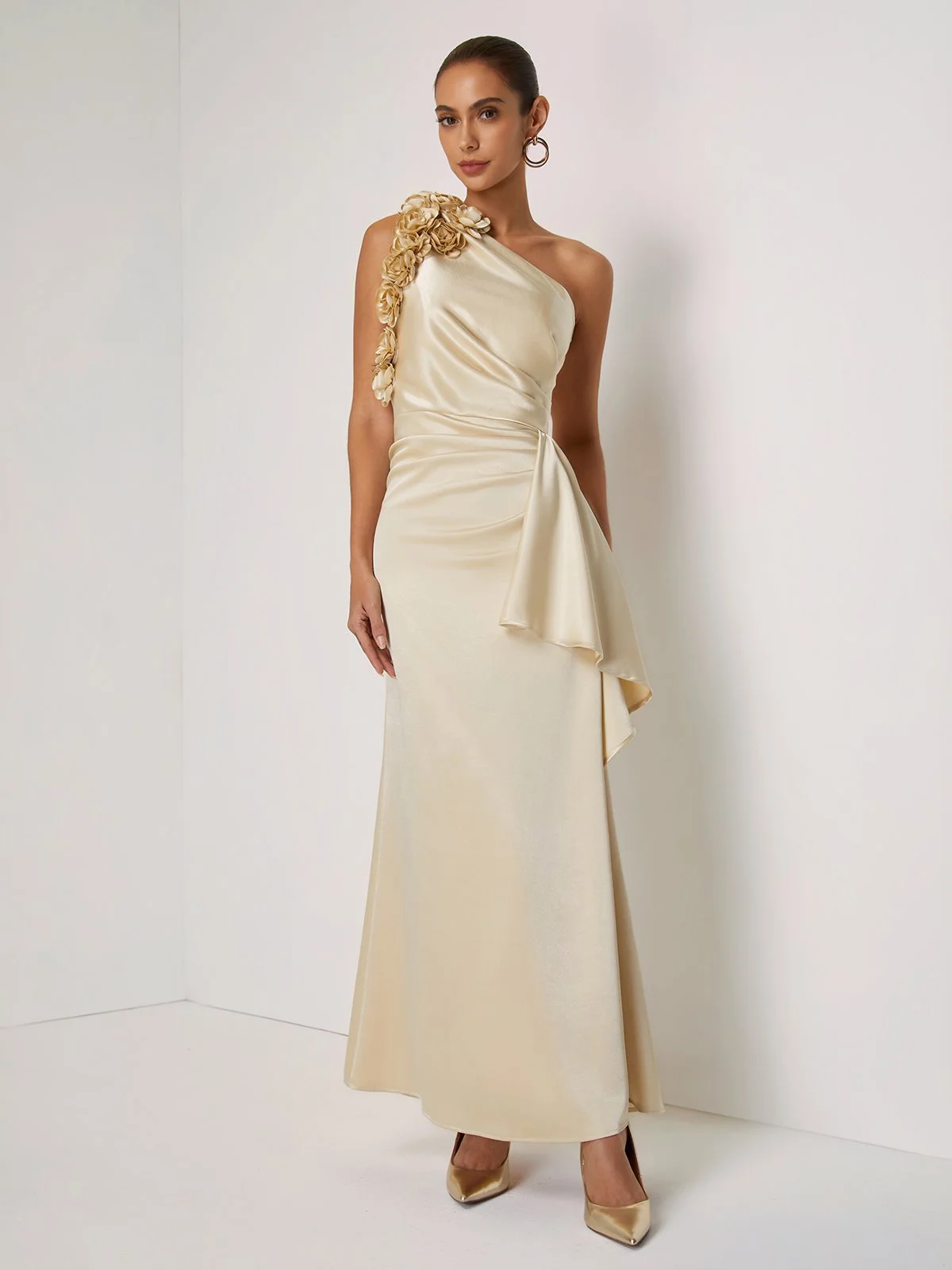 Champagne 3D Floral Ruched Satin One Shoulder Sleeveless Sheath Floor-length Gown Dress