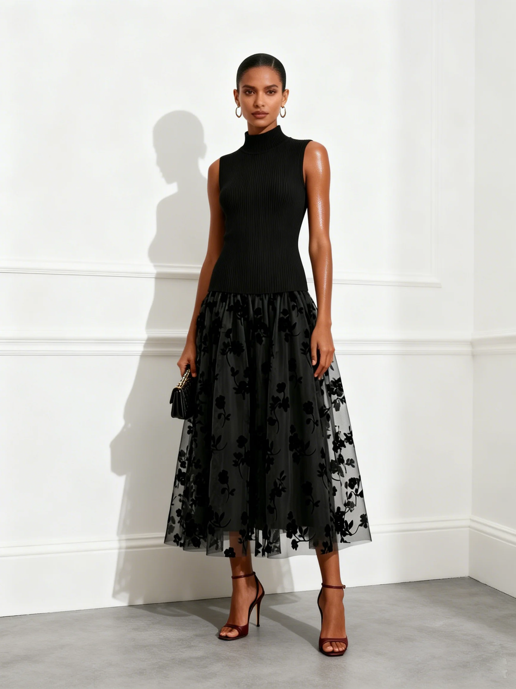 Black Flocked Knit High Neck Sleeveless A-Line Maxi Dress