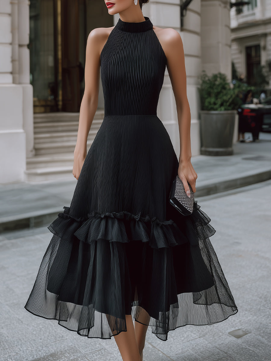 Black Alter Neck Pleated Midi Dress With Tiered Ruffle Hem