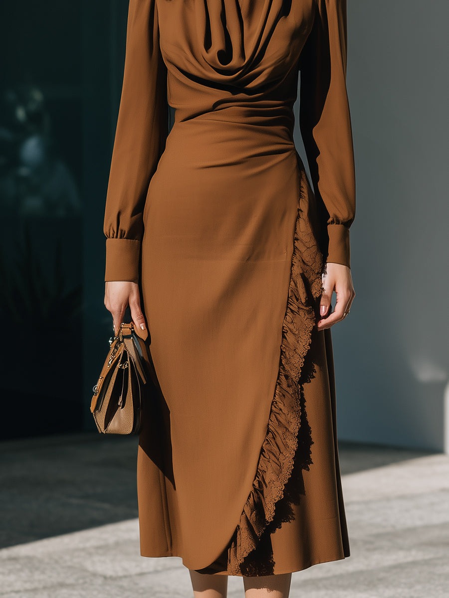 Cocoa Brown Draped Neck Long-Sleeve Midi Dress With Textured Ruffle Trim
