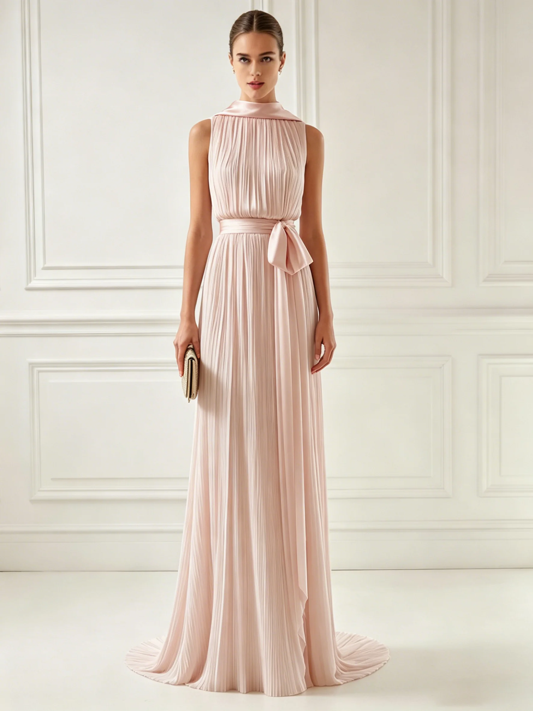 Pink Classic Halter Neck Sleeveless A-Line Floor-length Gown Dress