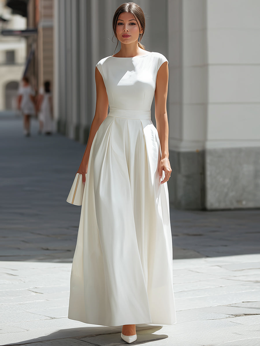 Ivory Cap Sleeve Pleated Maxi Gown