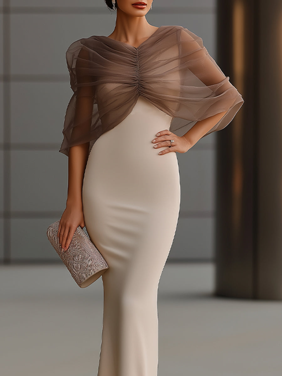 Draped Sheer Overlay Elegant Midi Dress