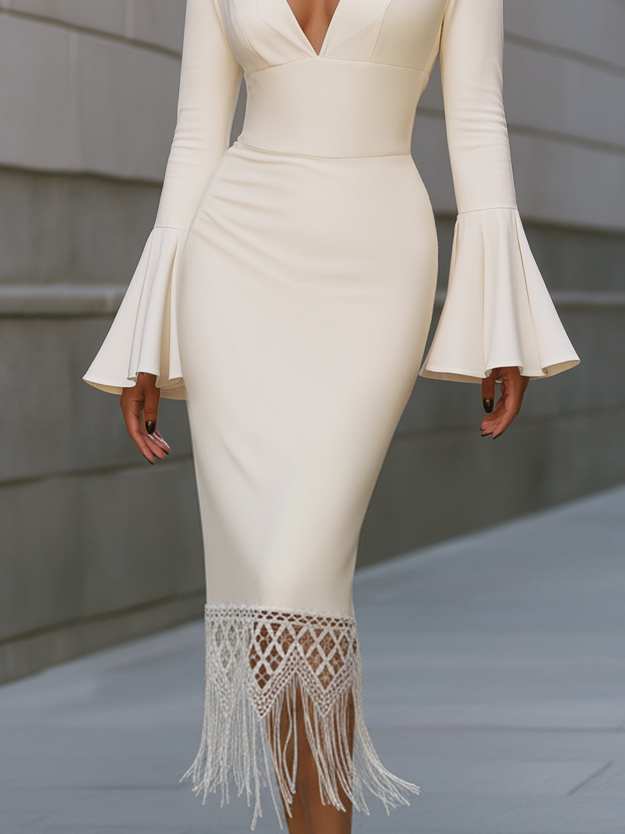 White Deep V-Neck Bell Sleeve Midi Dress With Fringe Lace Hem
