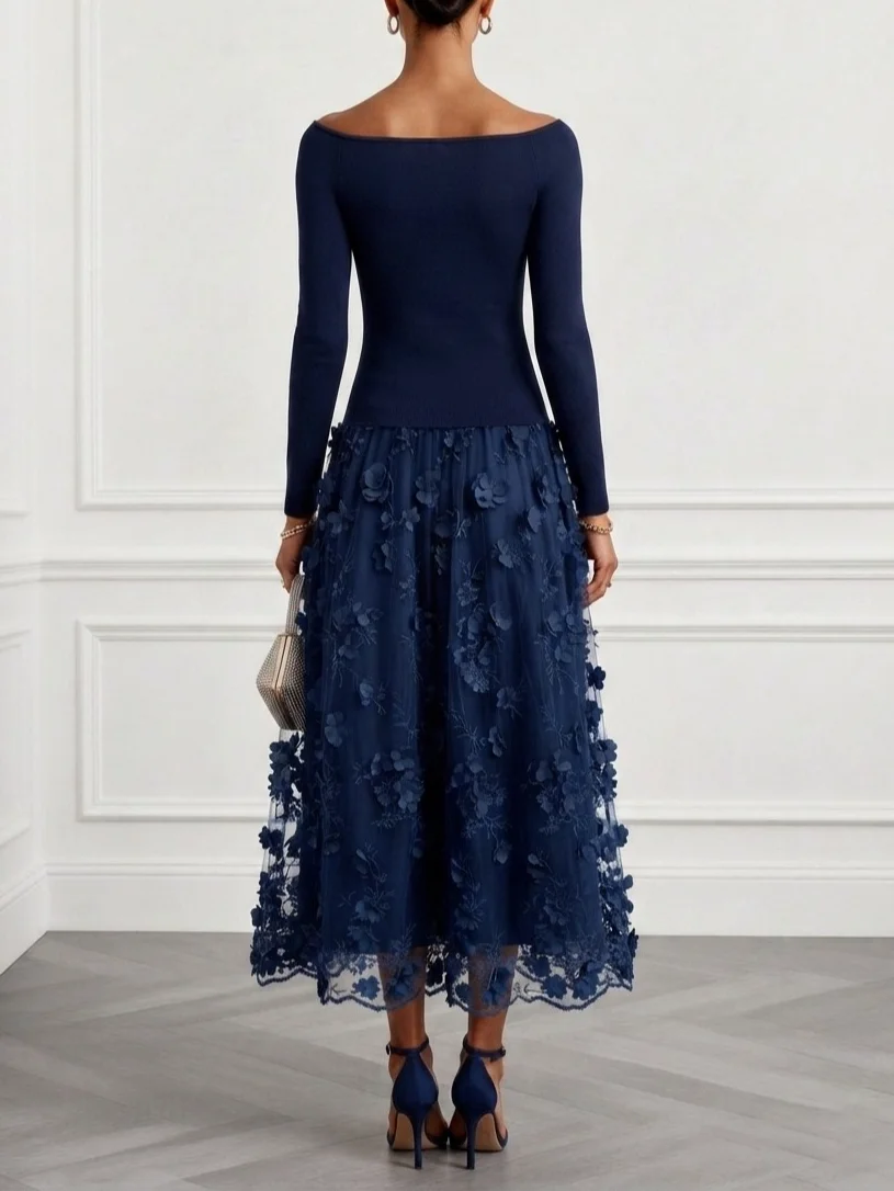 Purplish Blue 3D Floral Classic Boat Neck Long Sleeve A-Line Midi Dress