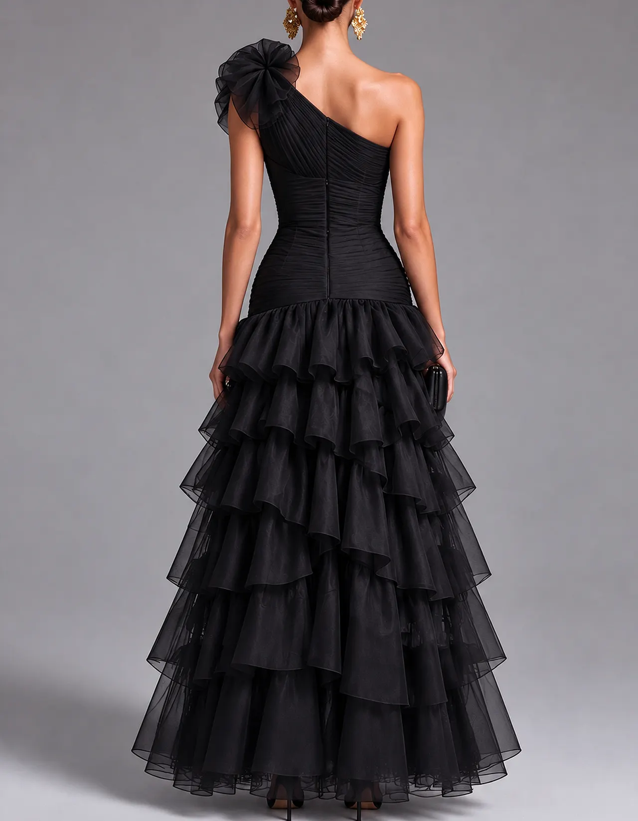 One Shoulder Tulle Ruffled Tiered High Slit Maxi Dress