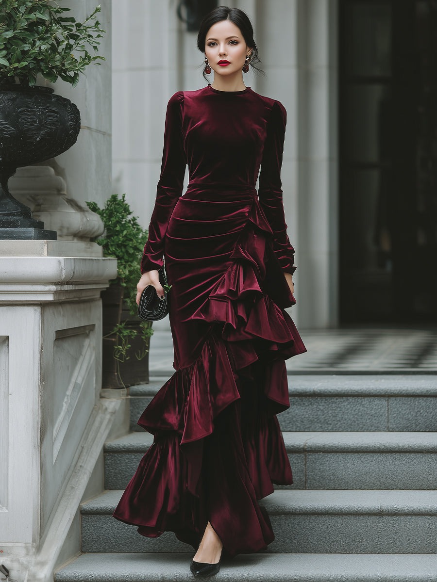 Burgundy Long Sleeve Ruffled Tier Evening Gown