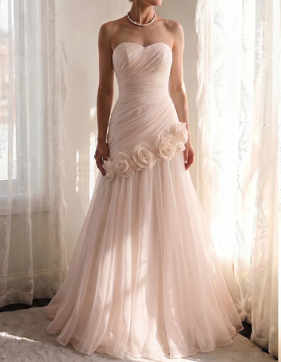 Chiffon Strapless Asymmetrical 3-Dimensional Rose Maxi Dress