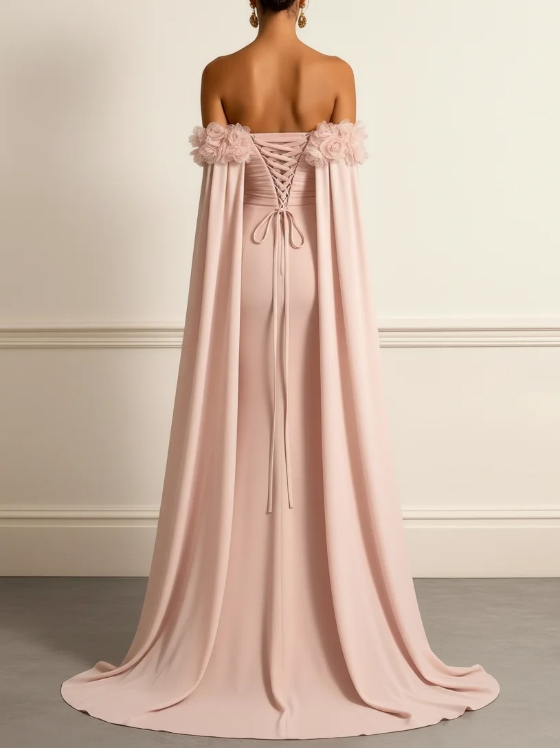 Pink 3D Floral Ruched Classic Off The Shoulder Short Sleeve Mermaid Gown Dress