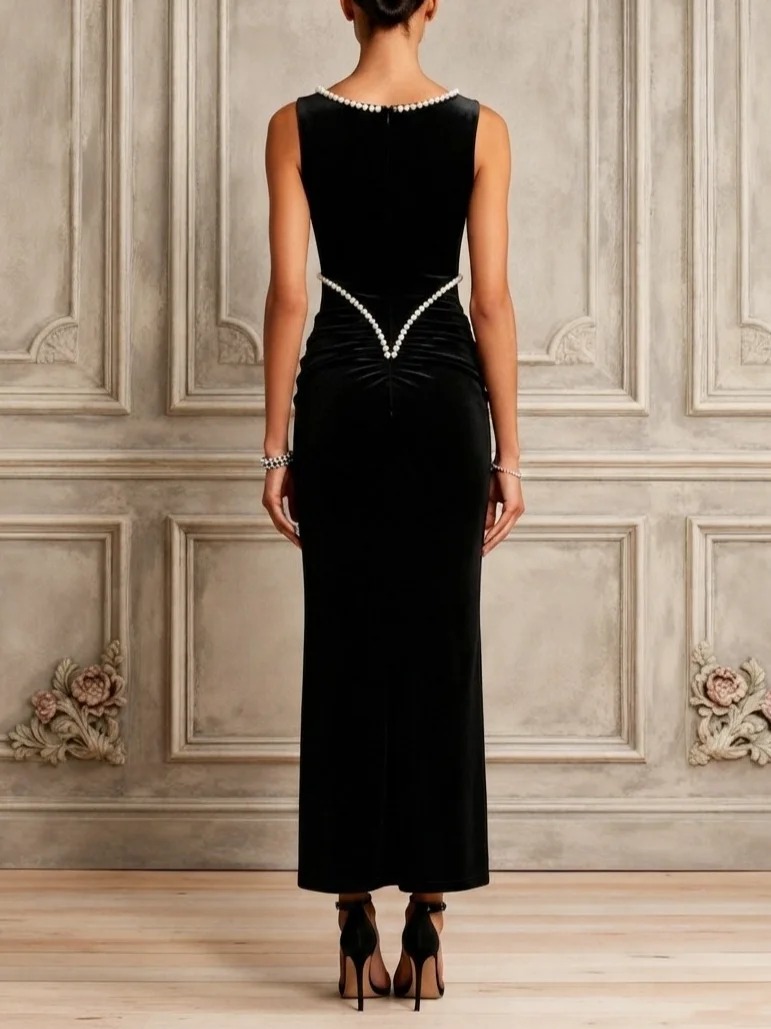 Black Faux Pearl Ruched Velvet Crew Neck Sleeveless Mermaid Maxi Dress