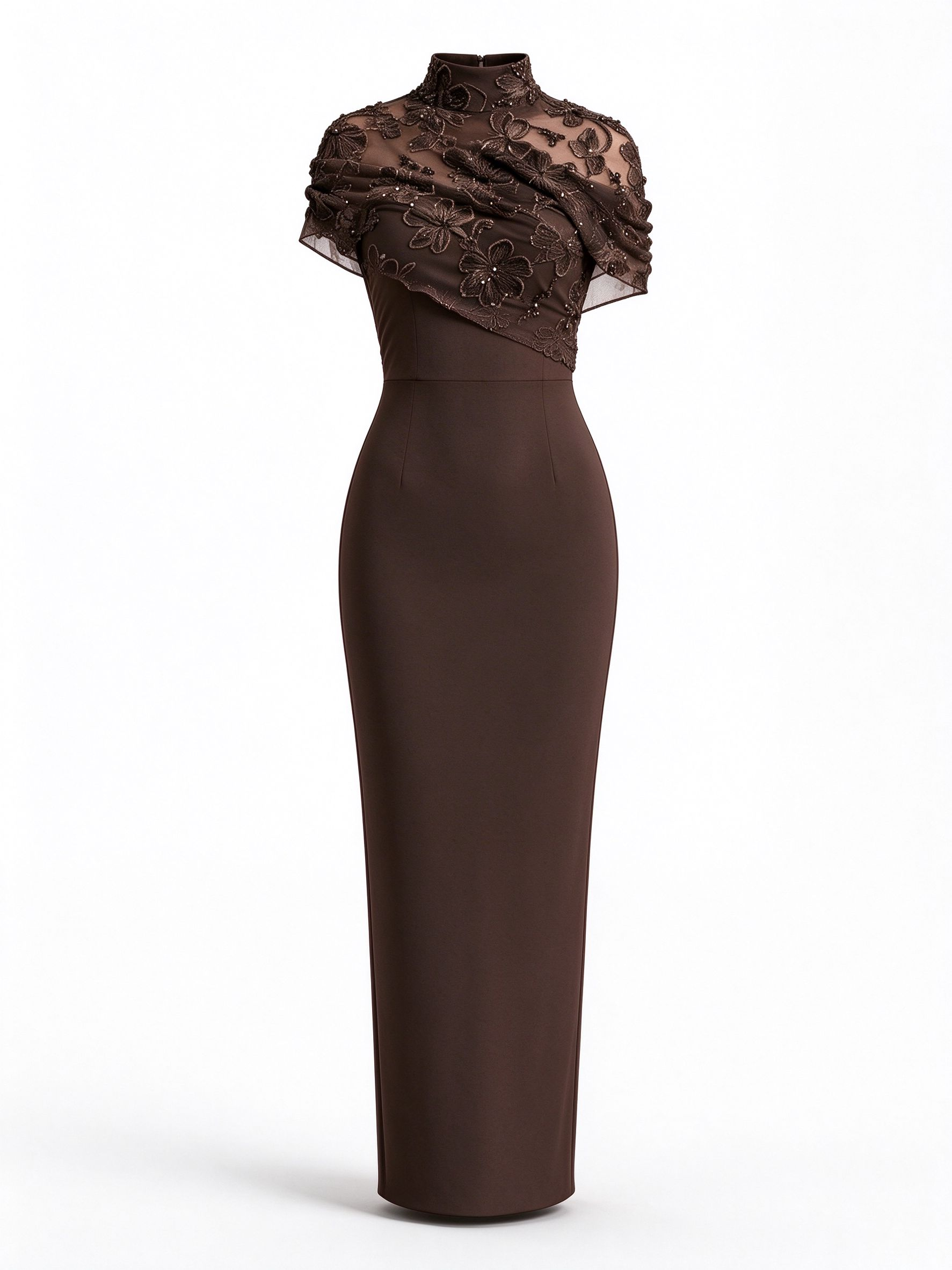 Brown Lace Classic Mock Neck Short Sleeve Sheath Maxi Dress