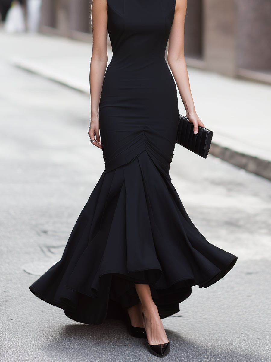 Black Sleeveless Ruched Mermaid Hem Midi Dress