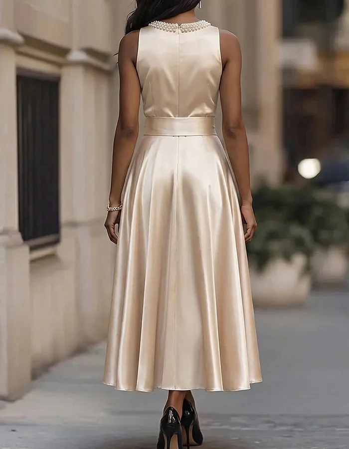 Champagne Satin Pearl Embellished Midi Dress