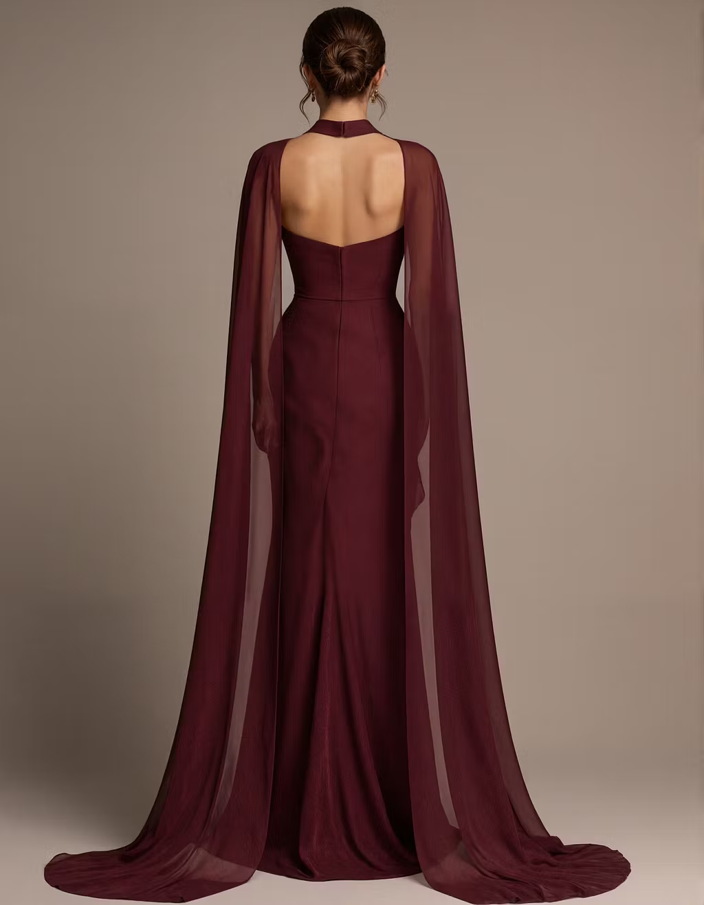 Burgundy High Neck Shawl Sleeve Chiffon Satin Maxi Dress