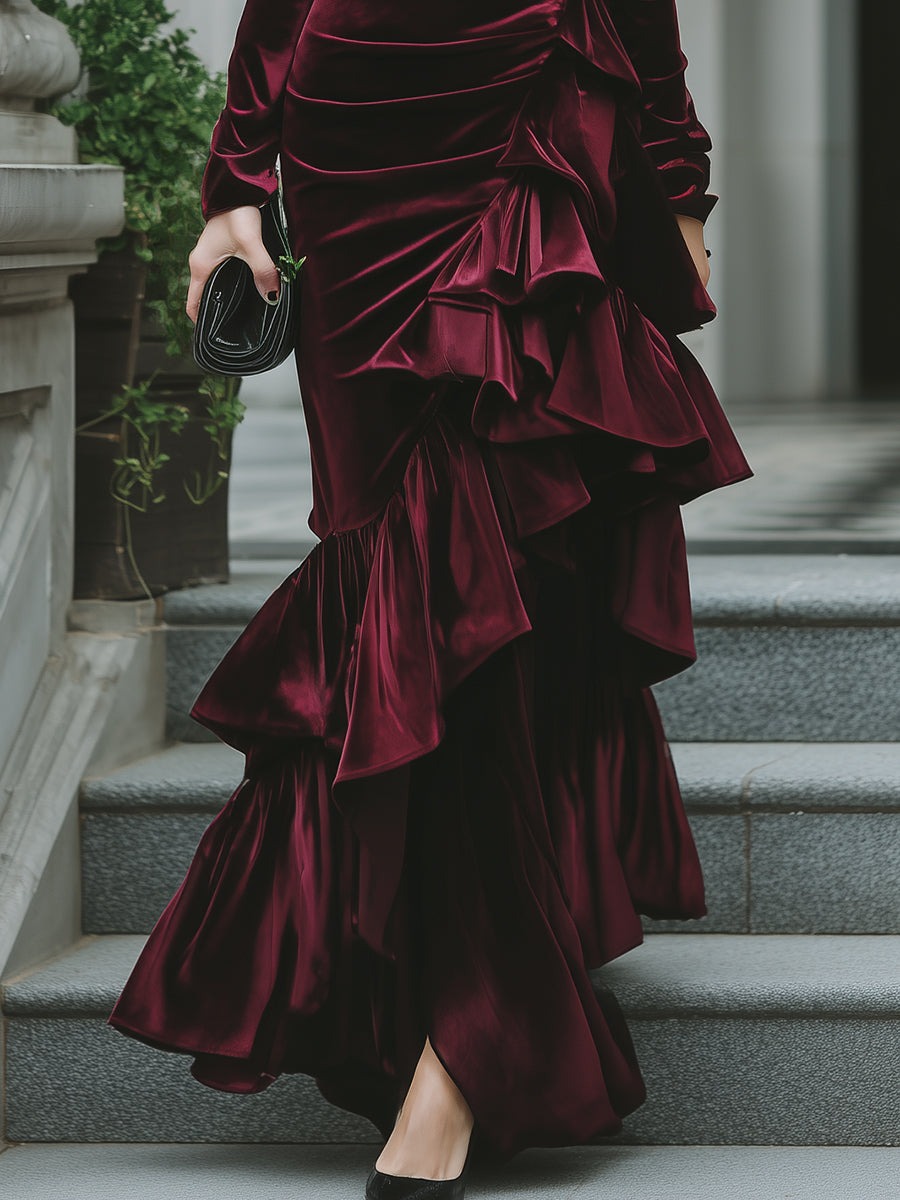 Burgundy Long Sleeve Ruffled Tier Evening Gown