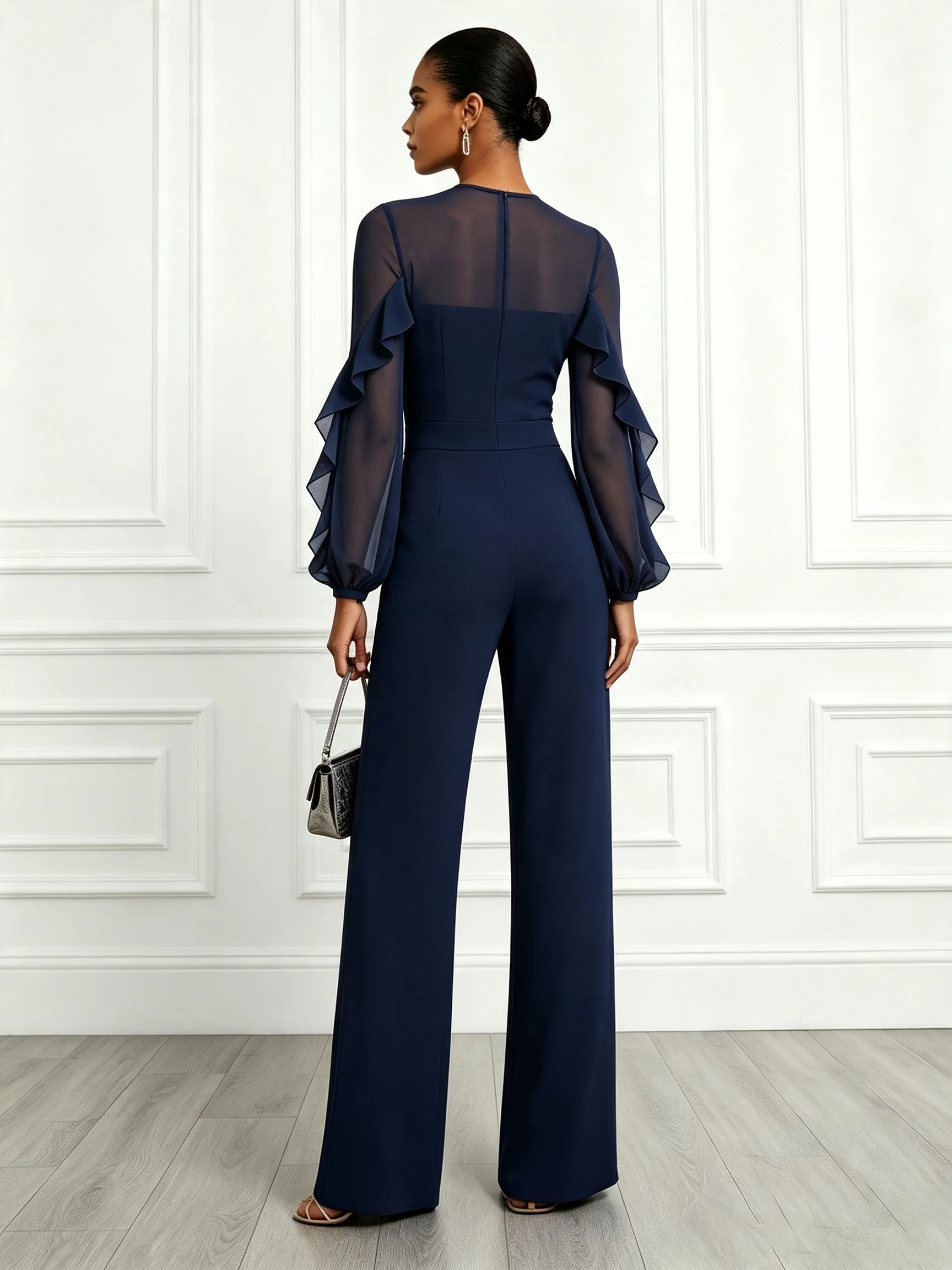 Women Navy Blue Ruffled Crew Neck Long Sleeve Balloon Sleeve Elegant Jumpsuit