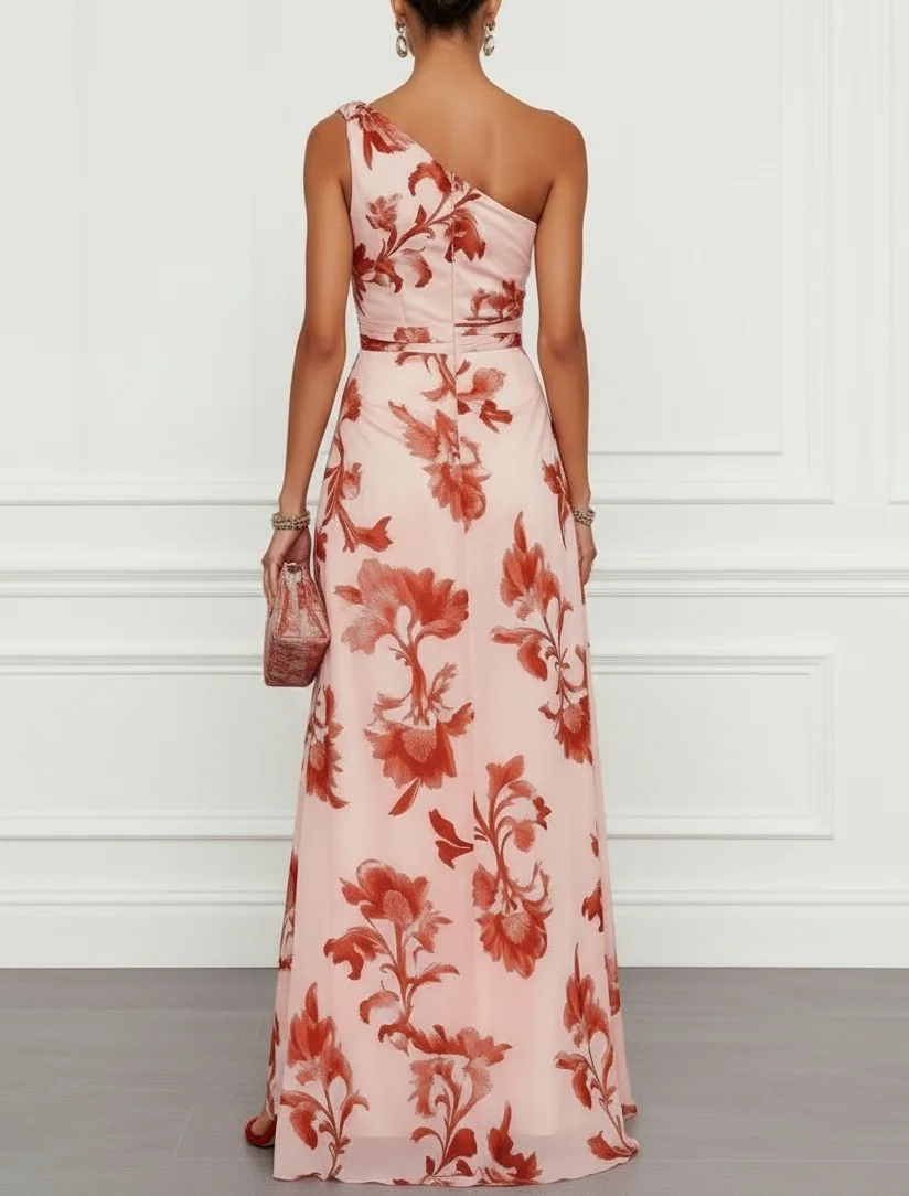 Pink Floral Satin One Shoulder Sleeveless A-Line Floor Length Dress
