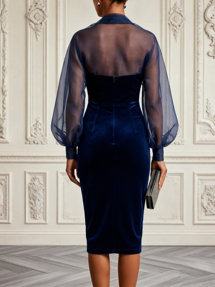 Navy Blue Buckle Mesh Velvet Long Sleeve Balloon Sleeve Sheath Midi Dress