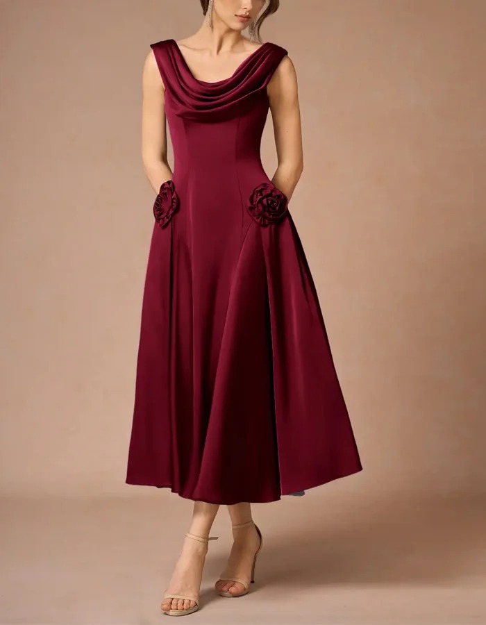 Burgundy Draped Neckline 3D Flower Sleeveless Satin Midi Dress