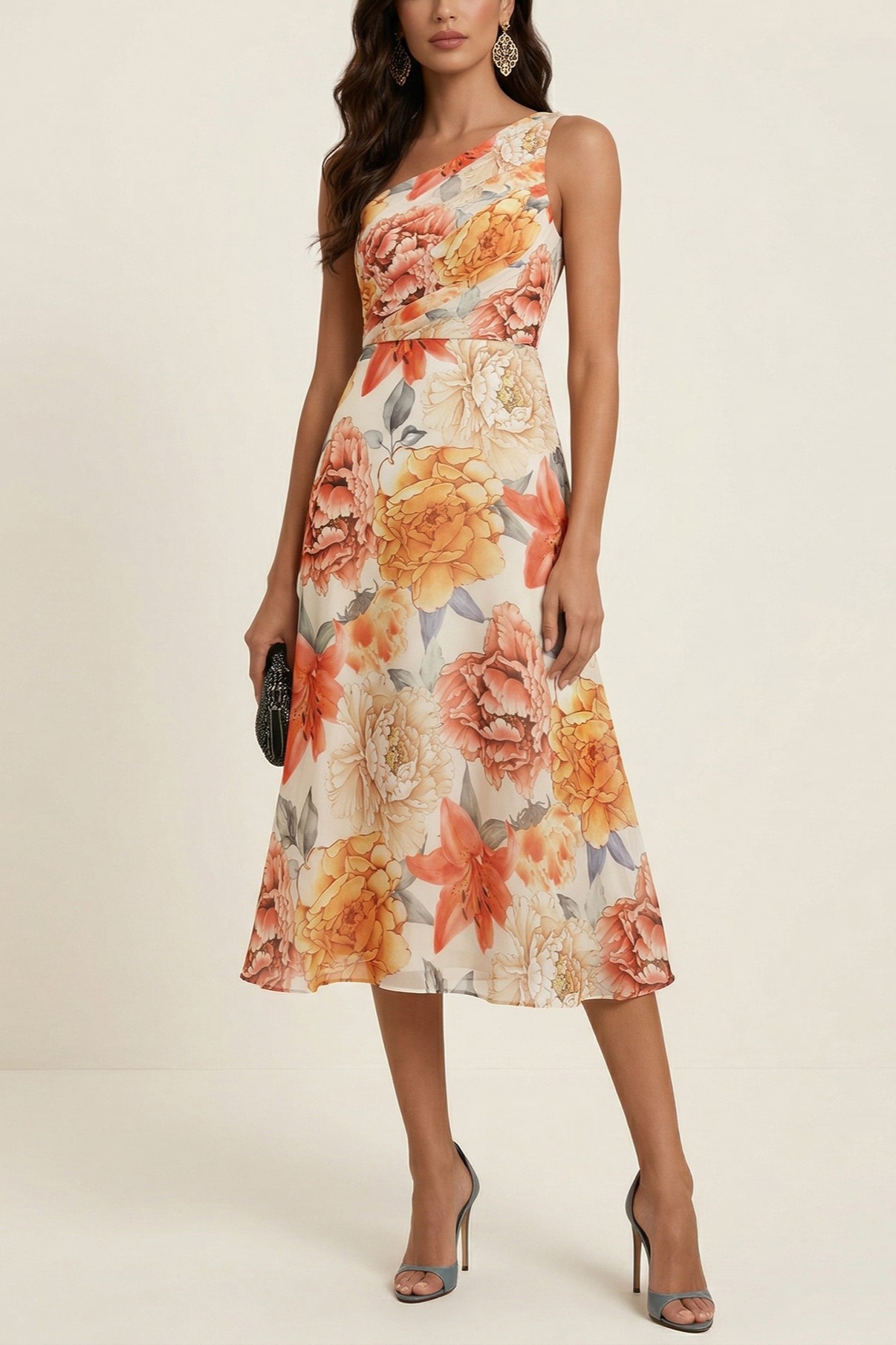 Cream Coral Floral One-Shoulder Chiffon Midi Dress