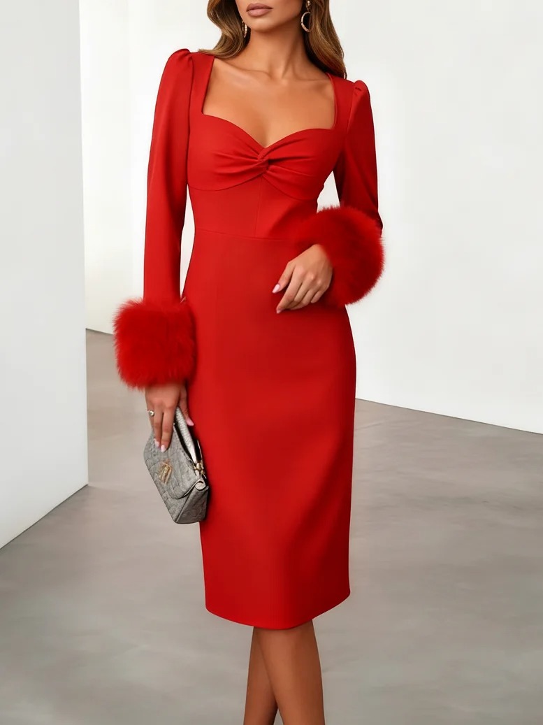 Red Fur Knot Classic Sweetheart Neckline feather trimmed dres Long Sleeve Sheath Midi Dress