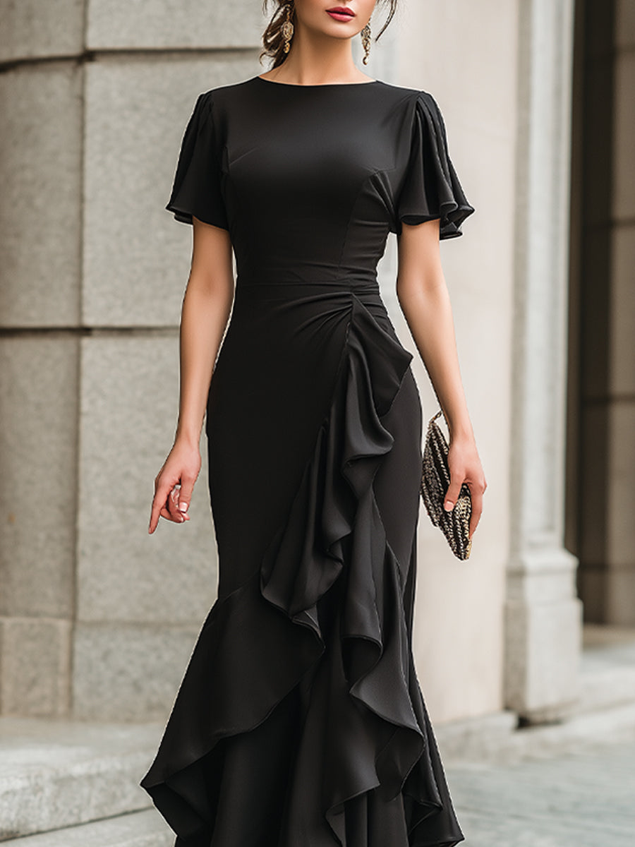 Black Flutter Sleeve Ruffled Evening Gown