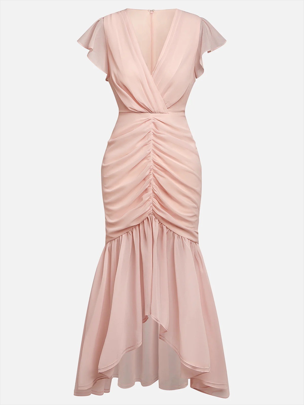 Pink Shirred Ruched Chiffon Lotus Leaf Collar Cap Sleeve Ruffle Sleeve Mermaid Midi Dress