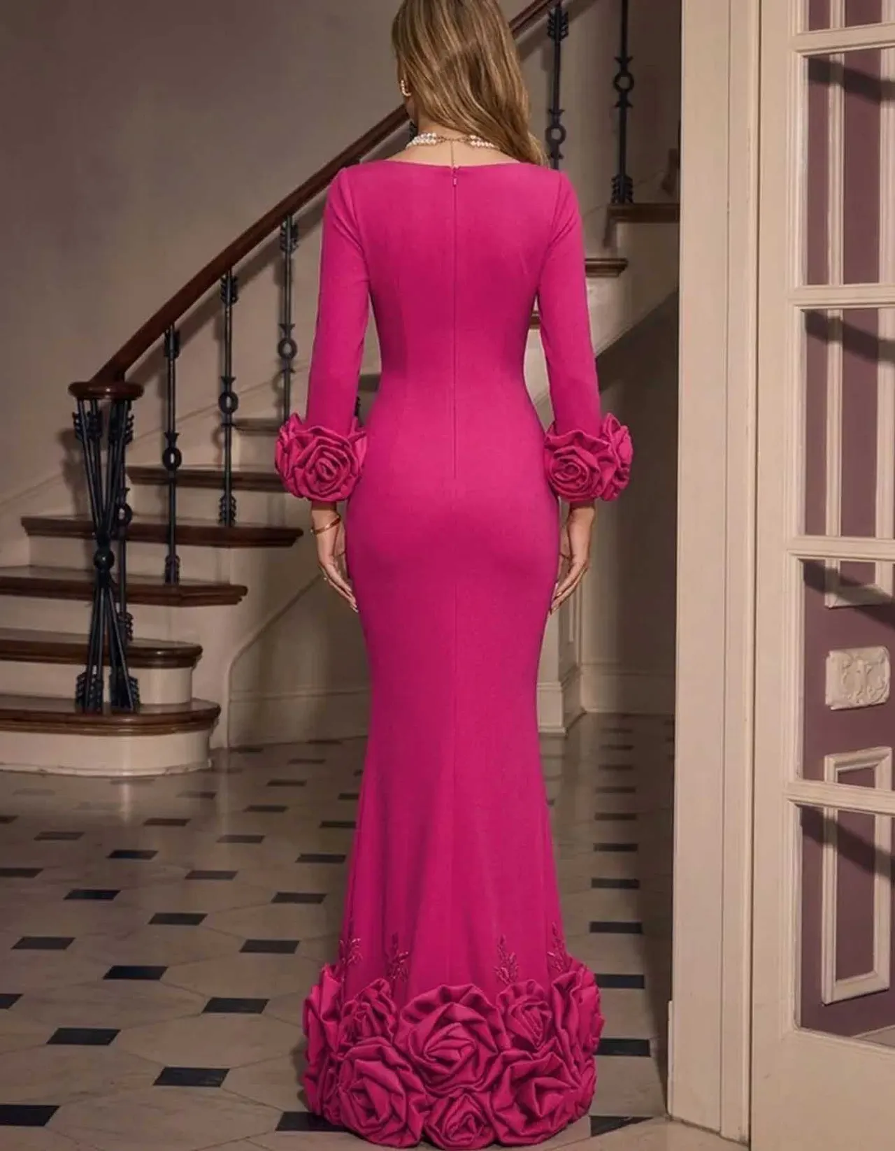 Fuchsia Square Neck Long Sleeve 3D Floral Maxi Dress