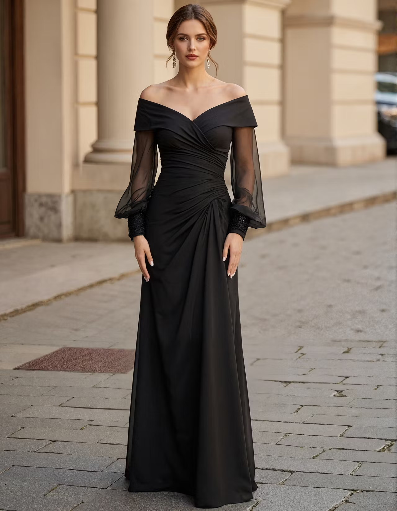 Black Off Shoulder Mesh Sleeves With Ruffled Chiffon Maxi Dress