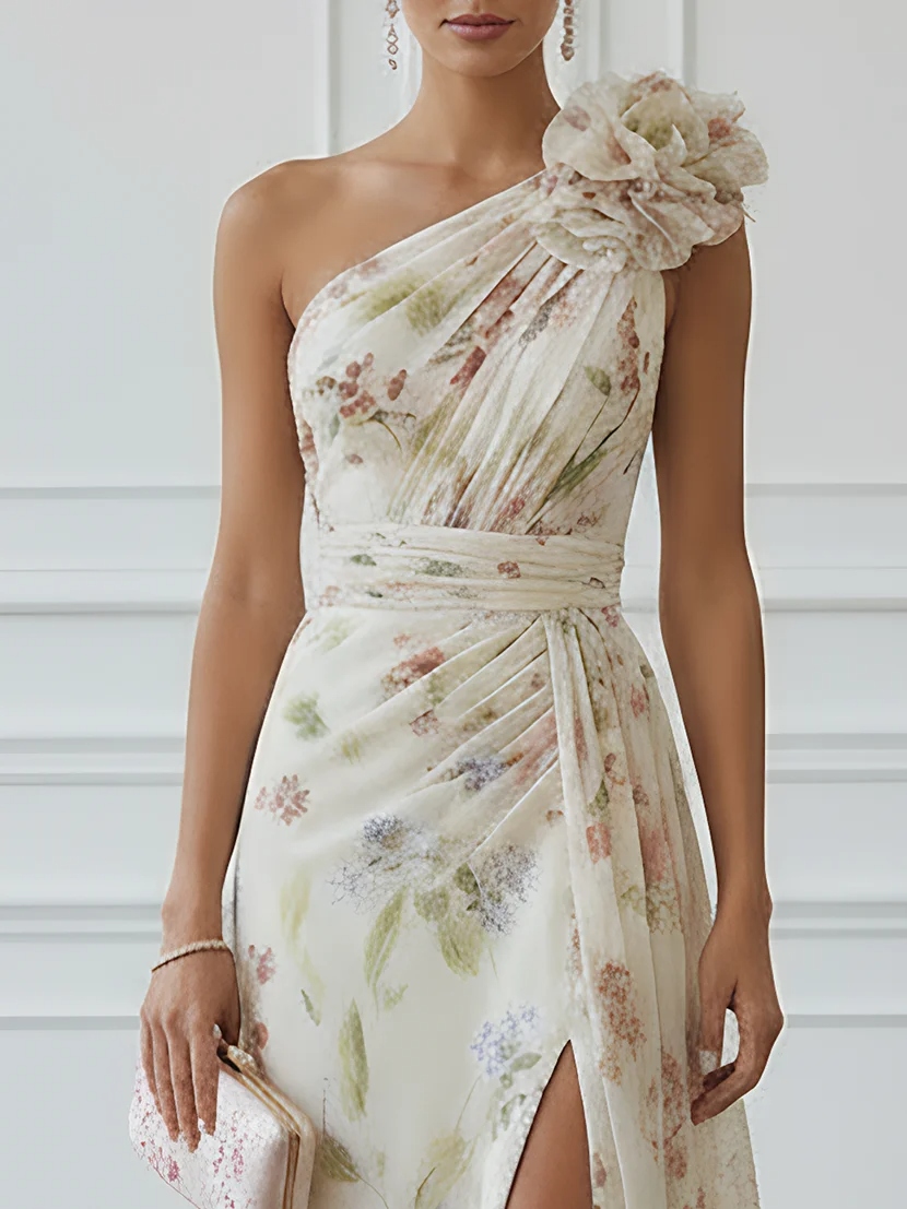 Off White Floral 3D Floral Chiffon One Shoulder Sleeveless A-Line Maxi Dress