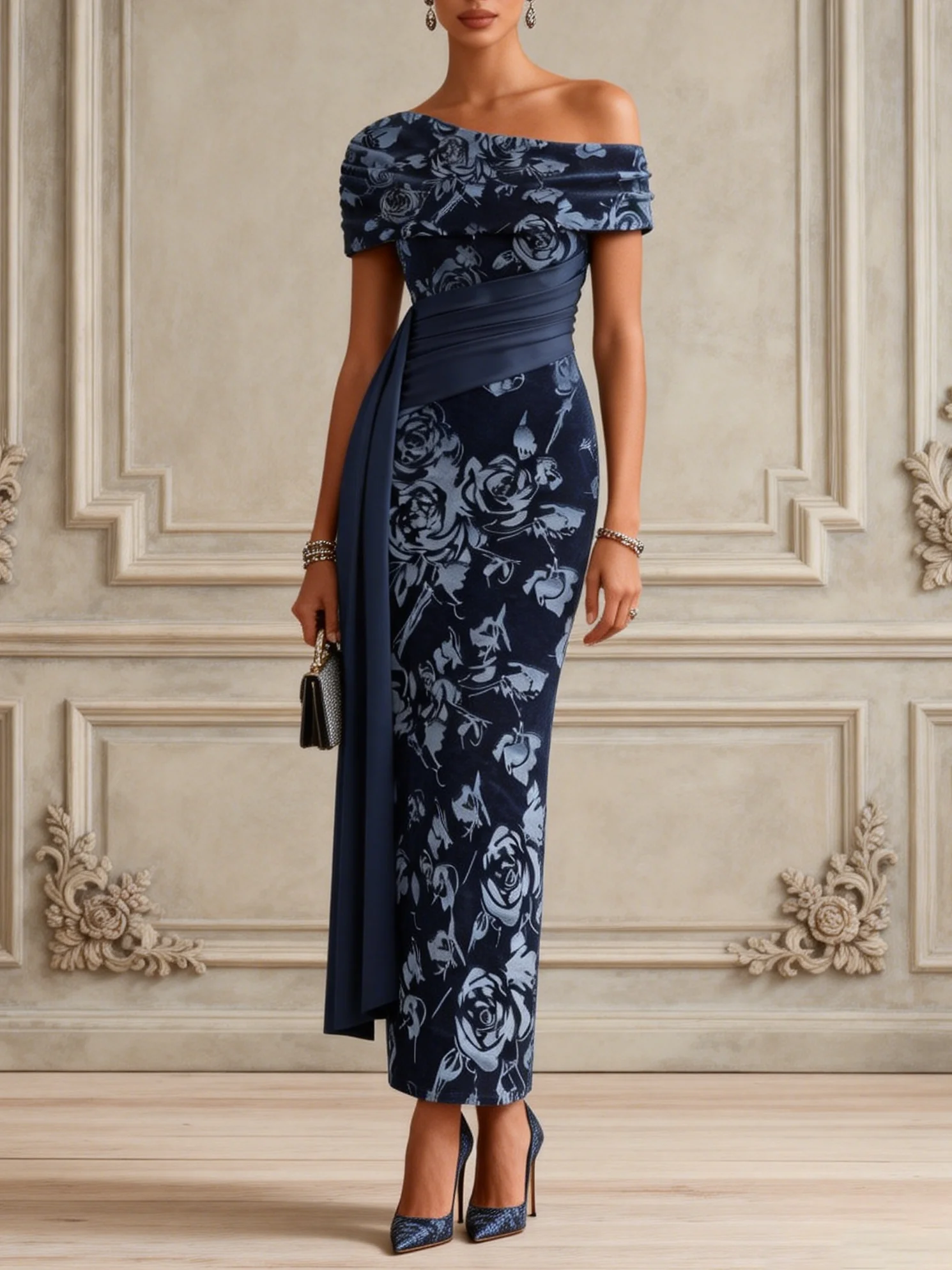 Purplish Blue Split Joint Ruched Velvet One Shoulder Short Sleeve Bodycon Maxi Dress