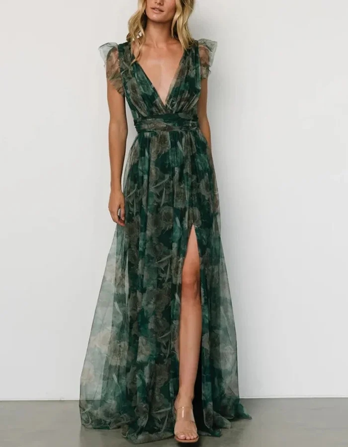 Romantic Green Tulle Gown with Ruffled Sleeves and Plunging Neckline