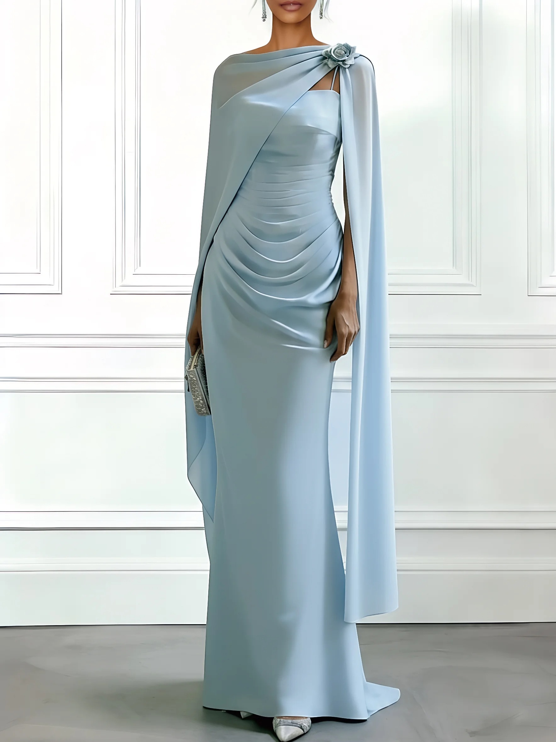 Light Blue 3D Floral Satin Boat Neck Cap Sleeve Sheath Gown Dress