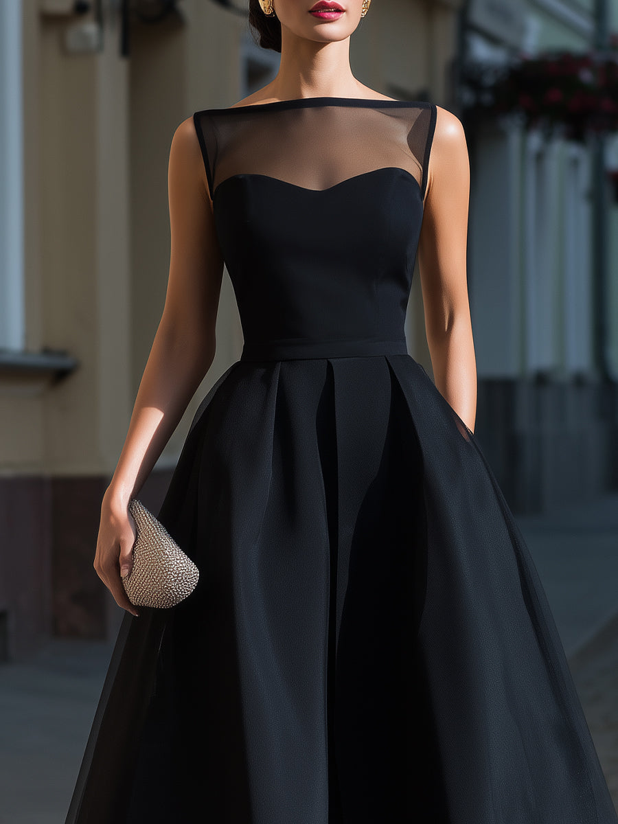 Black Illusion Neck Pleated A-Line Maxi Dress