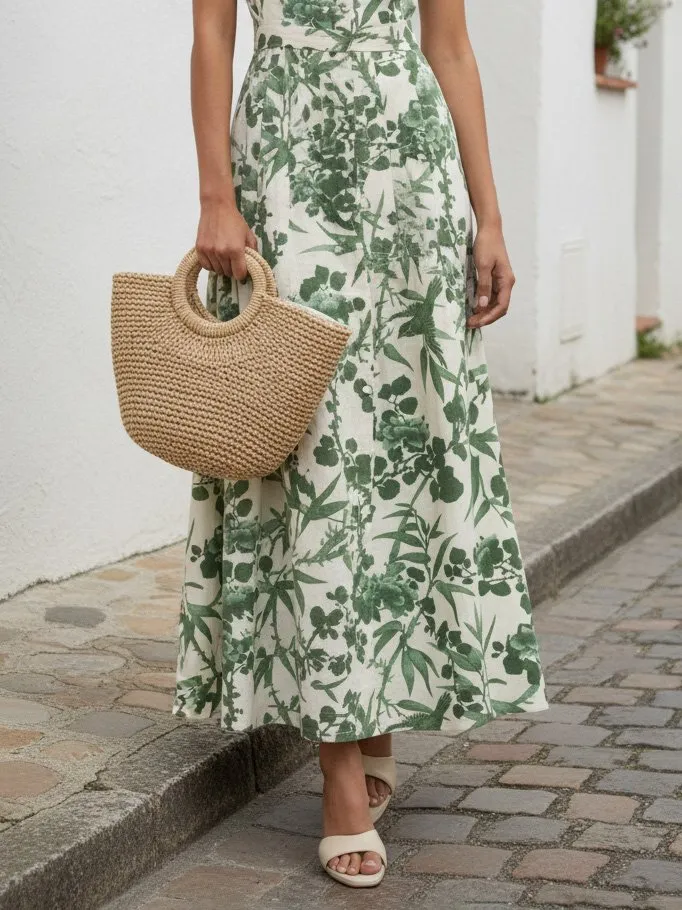 Maxi Linen Dress, Sleeveless, Shawl Collar, Floral, Vintage, Green